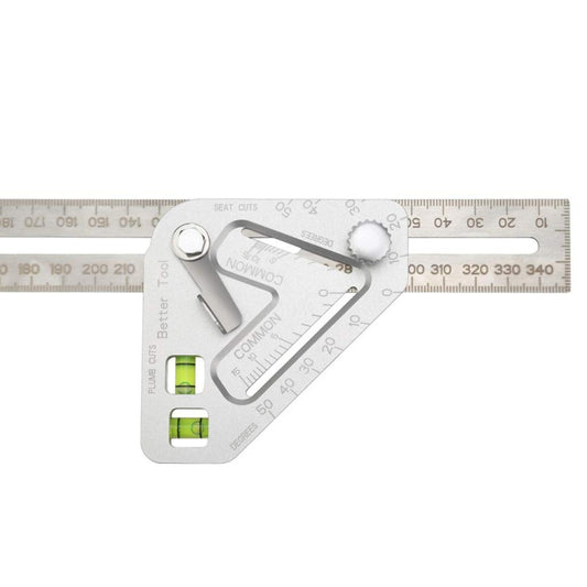 Metal triangle ruler measuring tool with green bubble levels and cutout center