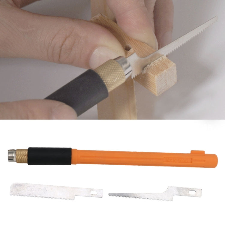 DIY razor saw kit in use: hand cutting wood with orange handle, included blades