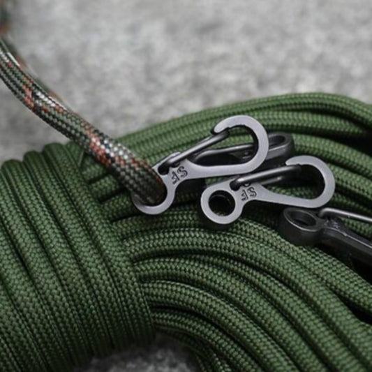 Silver metal spring buckle clips with rope loops attached to green braided cord