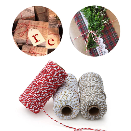 Cotton cord spools with twine on a roll: red-white and gray-white color groups.