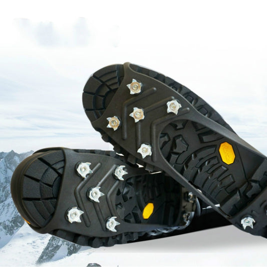 Black ice shoe covers with yellow traction inserts and steel crampon spikes