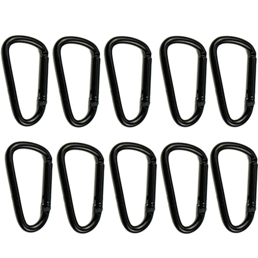 Set of 10 black D-shaped aluminum carabiners with spring gate closures