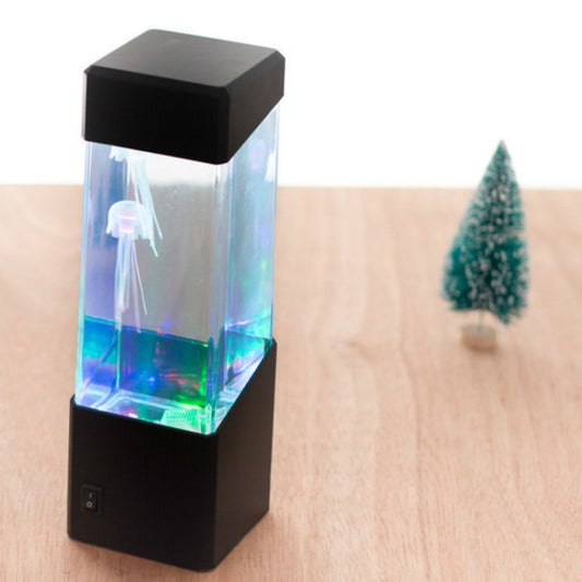 LED jellyfish night light with blue-green glowing jellyfish inside clear tube