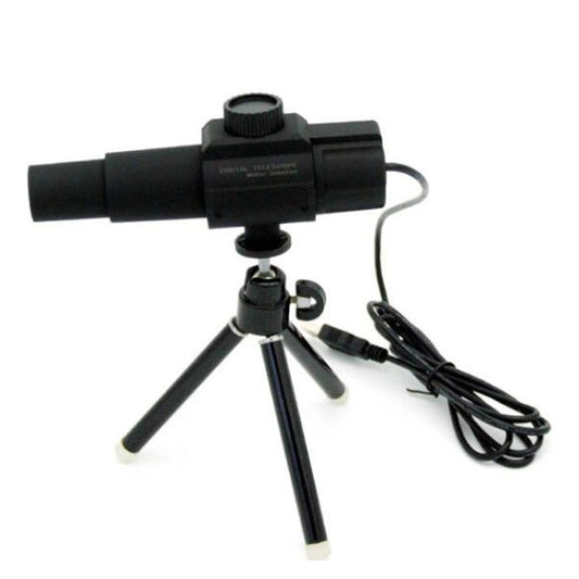 Black digital telescope microscope mounted on tripod with USB cable and side knob