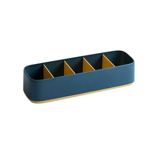 Dark blue sock organizer box with multiple inner compartments and divider slots.