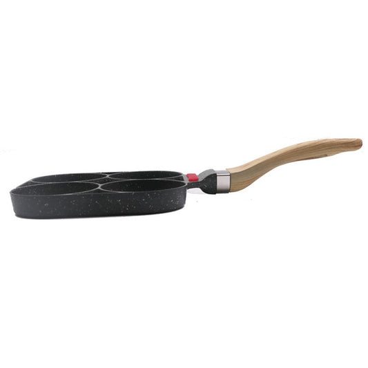 Four-hole nonstick frying pan with long wooden handle, black speckled shallow cups