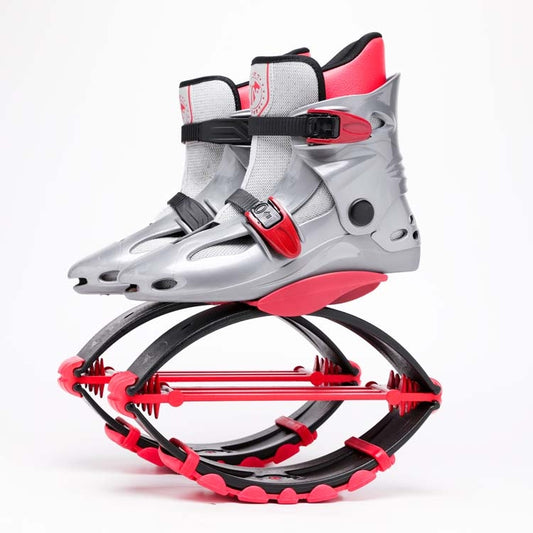Gray and red spring jumping shoes with black straps and red base frame