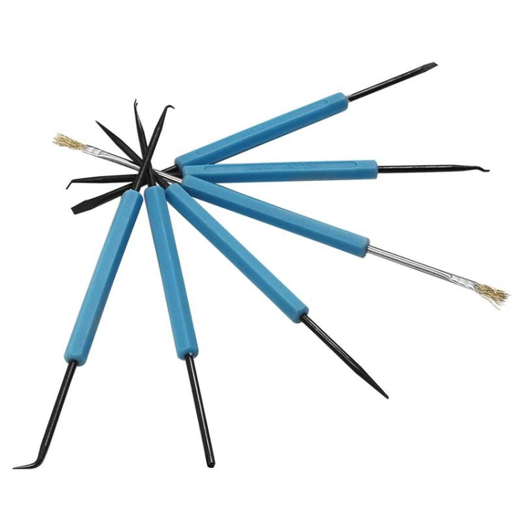 6-piece welding tool set with blue handles, black point tips, and wire brush ends
