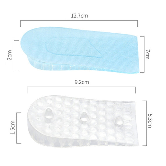 Heel heightening pad size diagram showing blue top and clear gel layer.