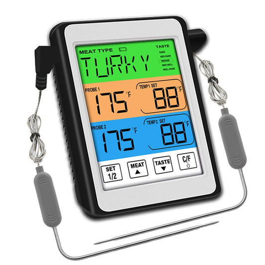 Dual-probe smart grill thermometer with colorful backlit display and two metal probes