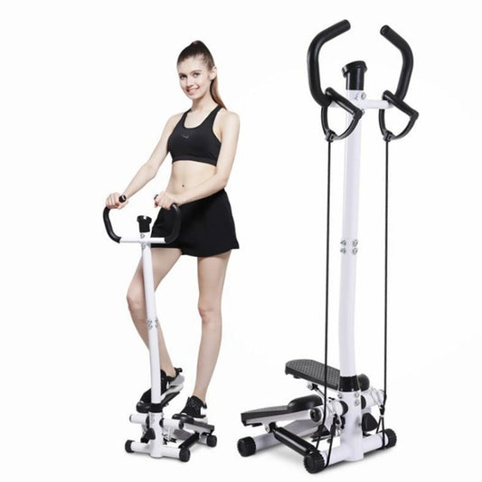 Hydraulic stepper fitness machine with curved armrests and foot platform