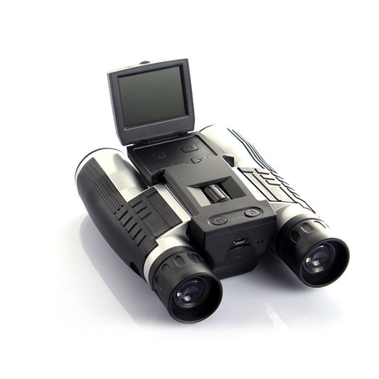 Digital binocular telescope with open display screen, dual eyepieces, black and silver