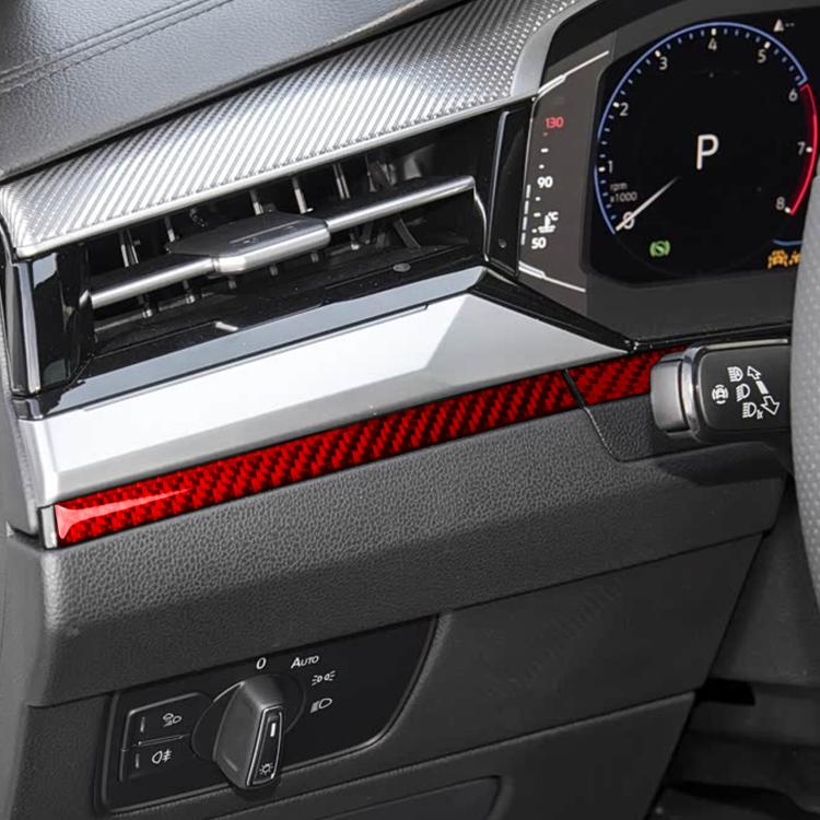 Dashboard trim sticker set installed near gauges, red accent strip with carbon fiber finish