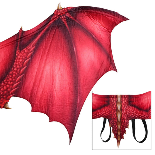 Red dragon wings cosplay prop with scaly center panel and black hanging straps
