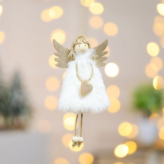 Plush angel ornament pendant with white fuzzy dress, gold glitter wings, hanging heart