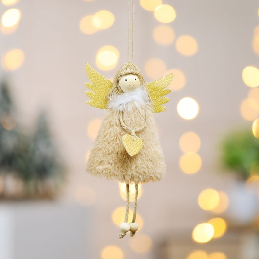 Plush angel ornament pendant with cream fuzzy dress, gold glitter wings, hanging heart
