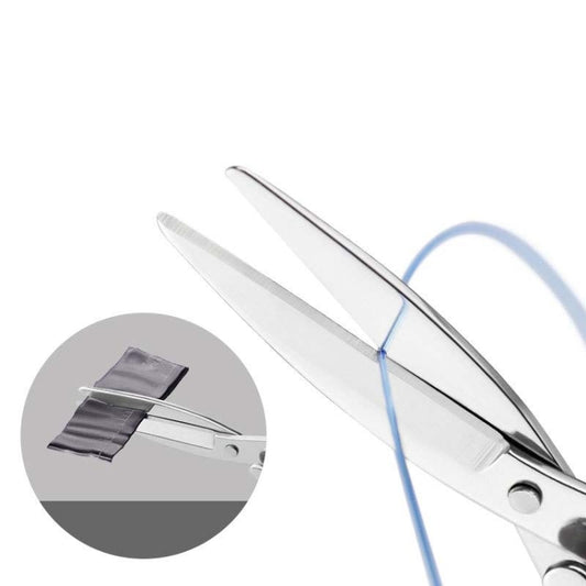 Foldable stainless steel fishing scissors with sharp blades and blue plastic handles, close-up