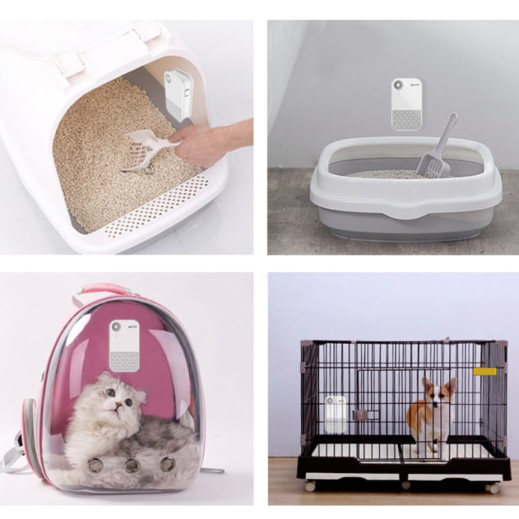 Pet deodorizer air purifier in use, white unit beside litter box and cat