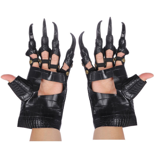 Black dragon claw cosplay gloves with pointed fingers, gold studs, and wrist straps