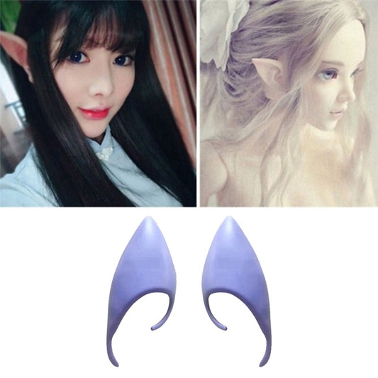 Pair of purple latex elf ears for cosplay, pointed with inner cutouts