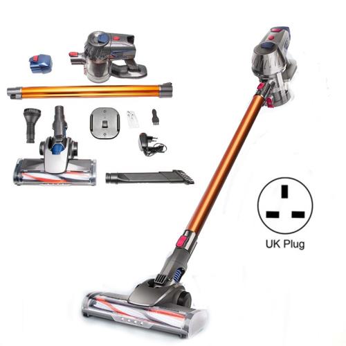 Cordless stick vacuum cleaner with orange tube, gray powerhead, and floor brush attachment