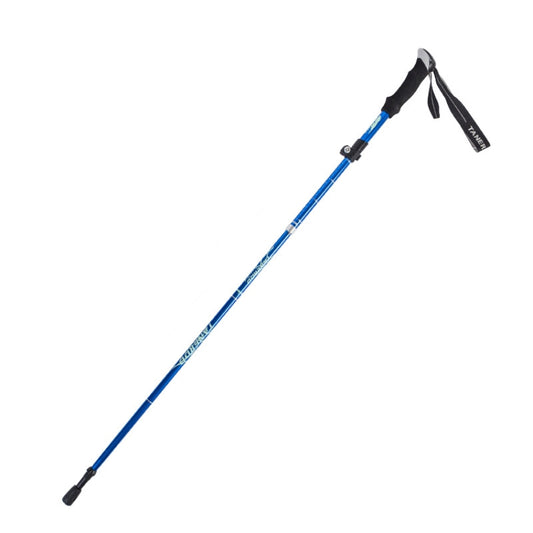 Folding trekking pole, blue aluminum with black strap handle and rubber tip