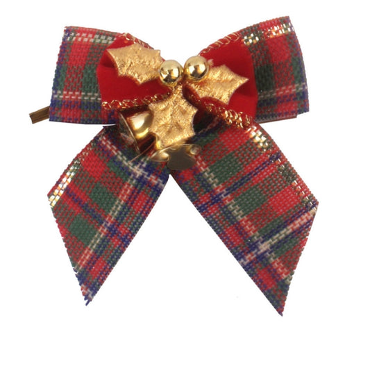 Christmas bow ornament with red plaid fabric and gold bells, topped with gold ribbon