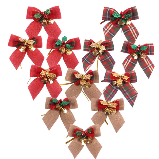 Set of Christmas bow ornaments with small gold-tone bells, mixed red and plaid styles