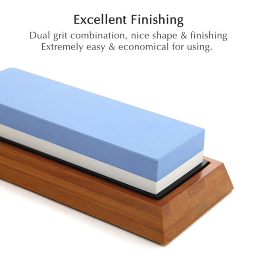 Blue-and-white whetstone on bamboo base, close-up view