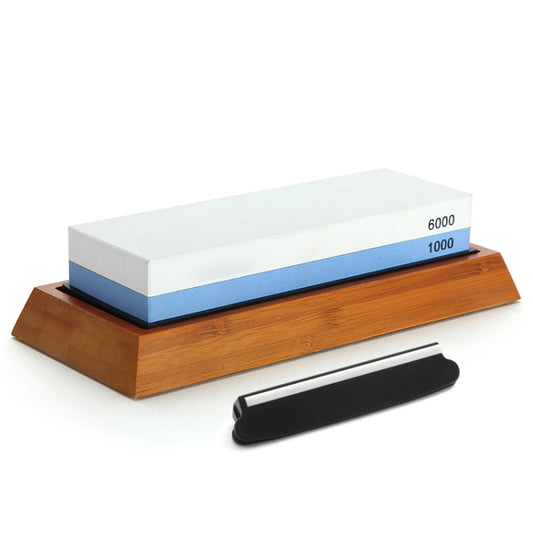 Double-sided blue-and-white whetstone on bamboo base with angle guide