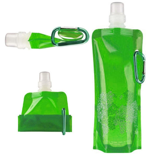 Collapsible silicone water bag in bright green with loop carabiner and flip cap.