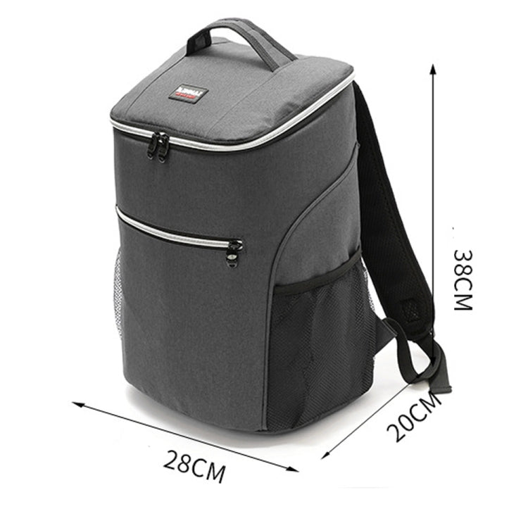 Gray insulated cooler backpack with size details, top handle and front zipper