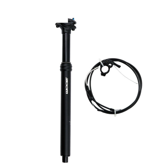 Black hydraulic mountain bike seatpost with wire-controlled remote and seat clamp