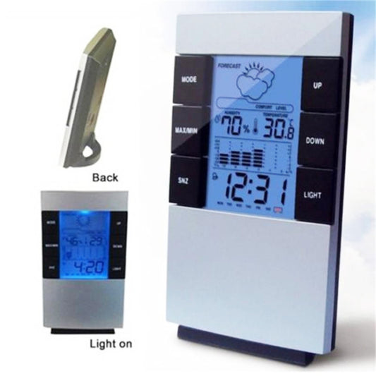 Digital humidity and temperature meter with clock alarm, LCD display and buttons, light on