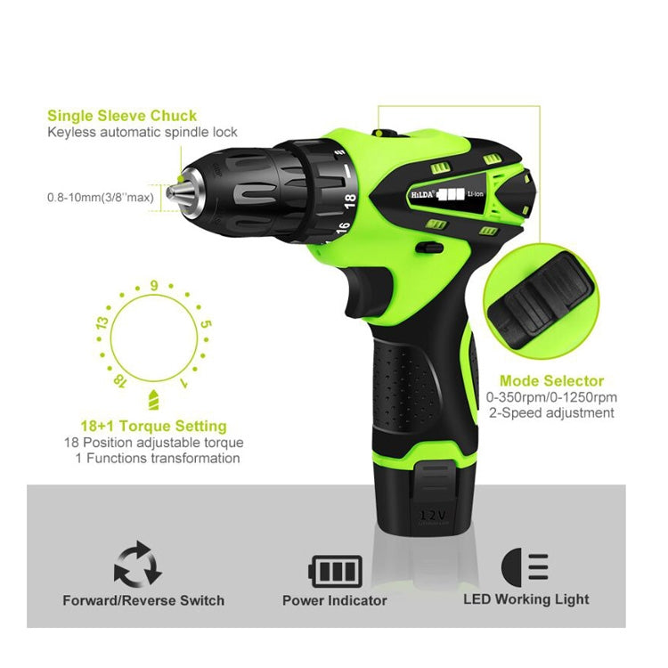 Green and black cordless screwdriver showing LED, torque settings, and switch