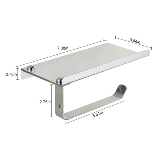 Stainless steel toilet paper holder with shelf and towel-roll arm; size dimensions shown