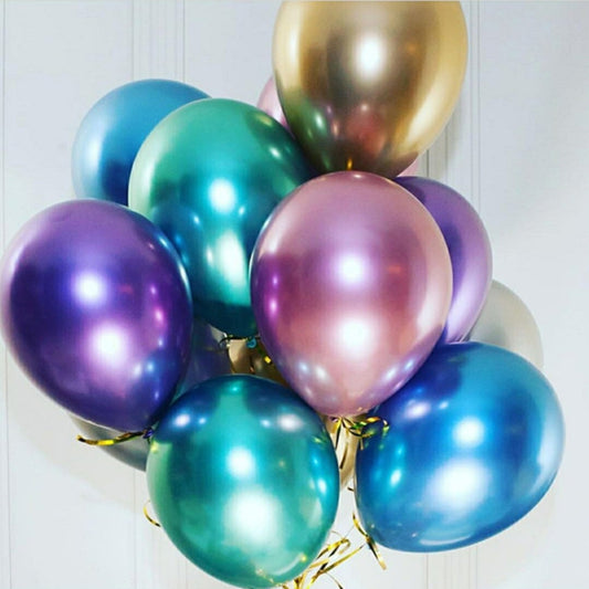 Assorted metallic latex balloons, glossy pearl finish, colorful cluster.