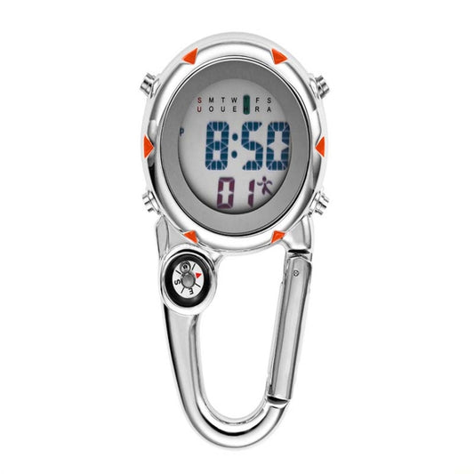 Stainless steel hook watch with digital display, orange bezel accents, blue and pink readout