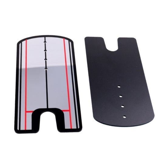 Golf swing corrector base with red guide lines plus separate black face plate with holes
