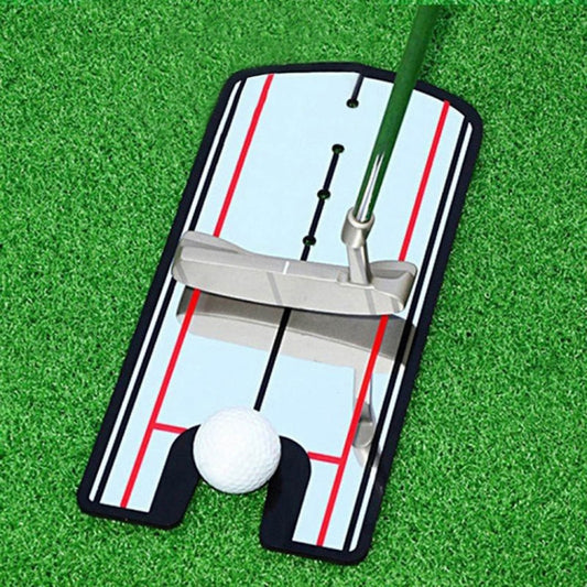 Golf putting swing corrector training mat with black frame, red lines, center alignment posts