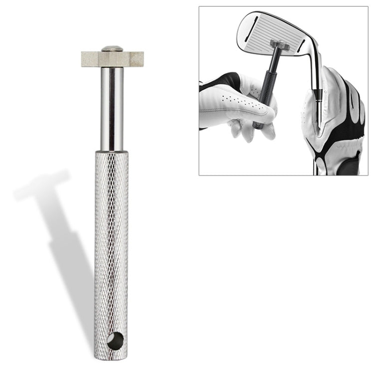 Golf wedge sharpening tool with threaded metal shaft and mesh grip, silver