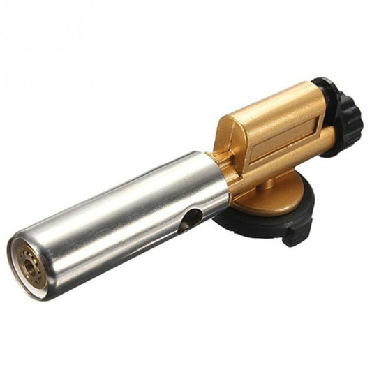 Butane electronic ignition flame gun with gold and silver barrel, black control knob.