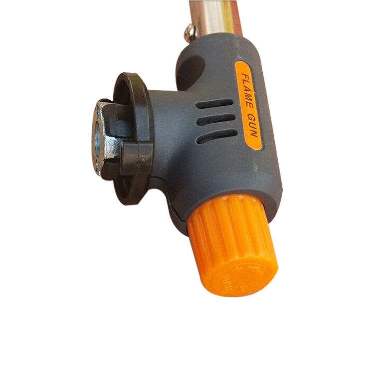 Butane flame gun torch from side view, black body and orange ribbed fuel cap