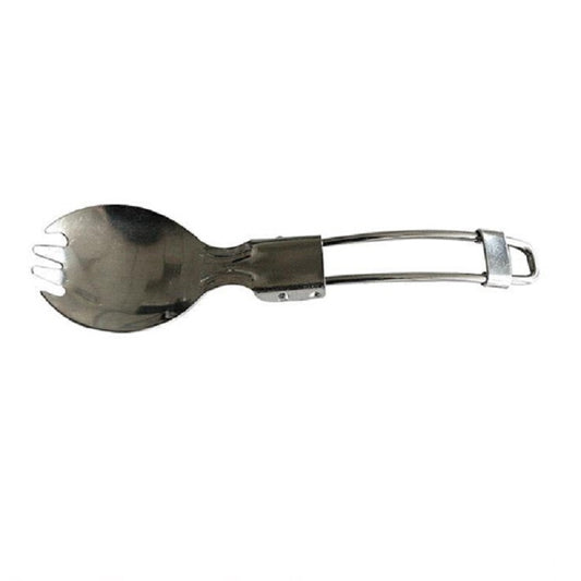 Stainless steel folding spork with spoon head and hinged folding mechanism
