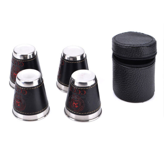 Travel metal cups with black PU leather sleeves and matching carrying case, set of 4
