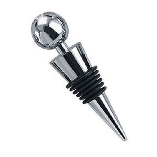 Round wine bottle stopper with chrome ball top, black rubber ring, tapered tip