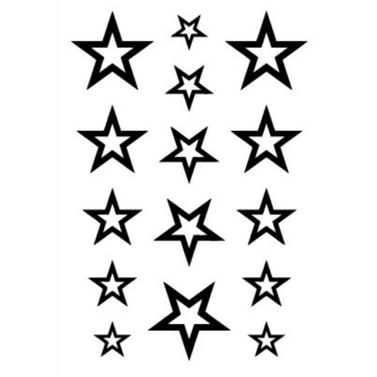 Black star temporary tattoo sticker sheet with 12 bold five-point stars