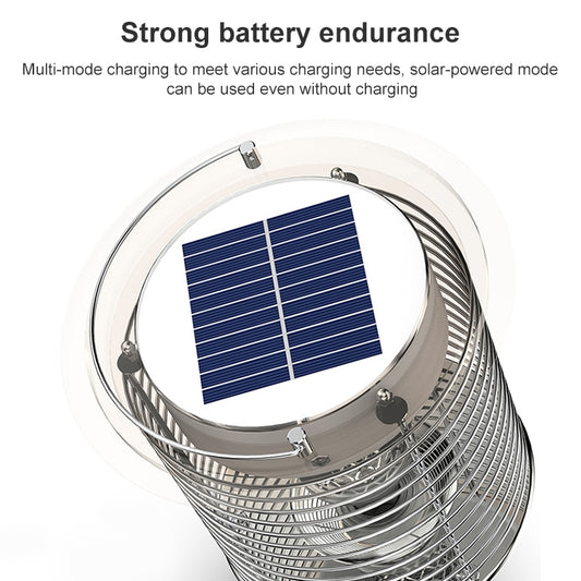 Silver solar mosquito lamp with blue solar panel and circular protective grille