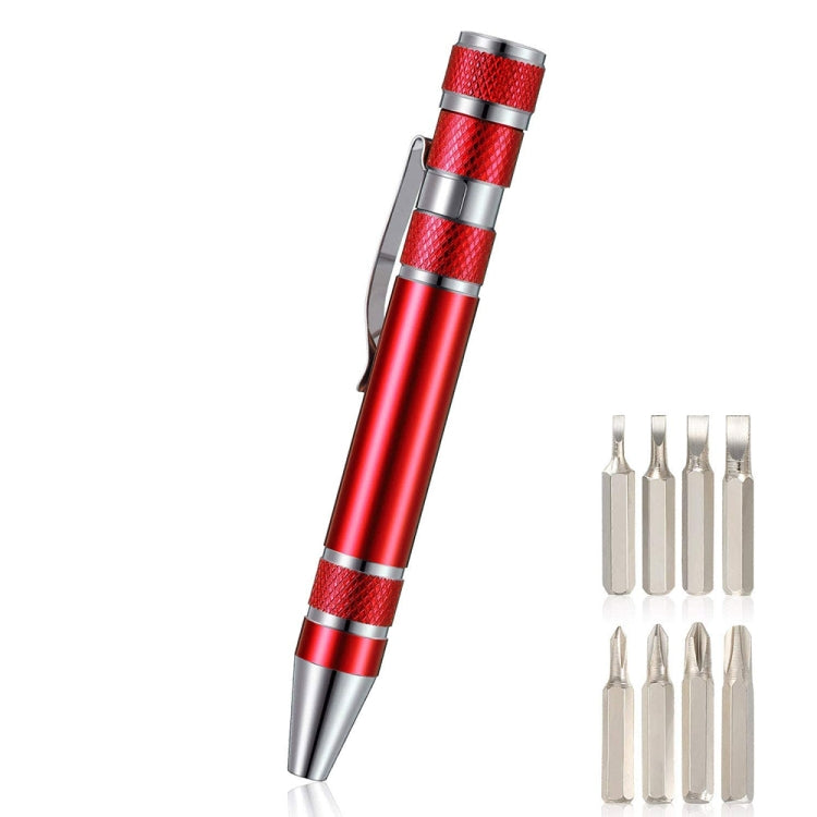 Red aluminum mini tool pen screwdriver with interchangeable bit set shown on the side