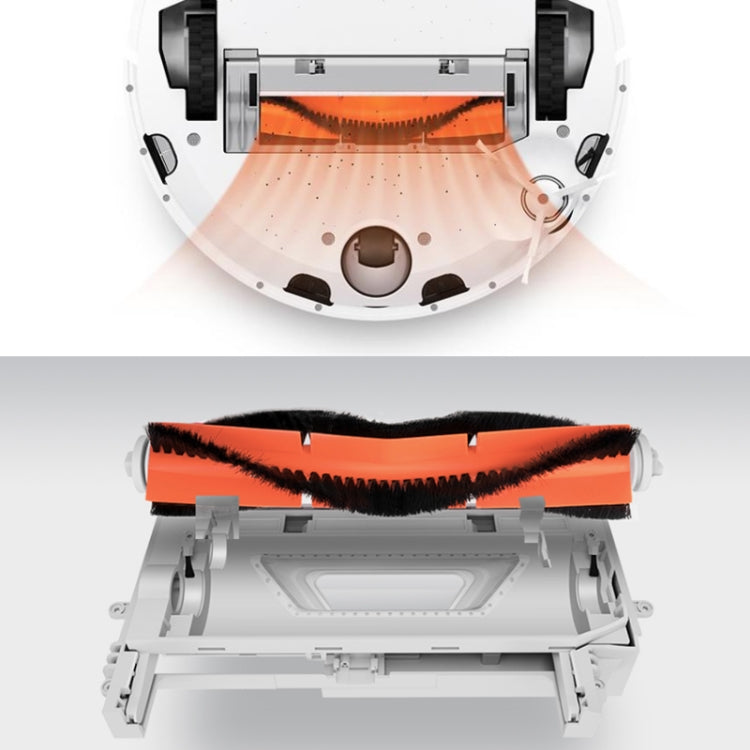 Orange main brush installed inside robot vacuum cleaning head